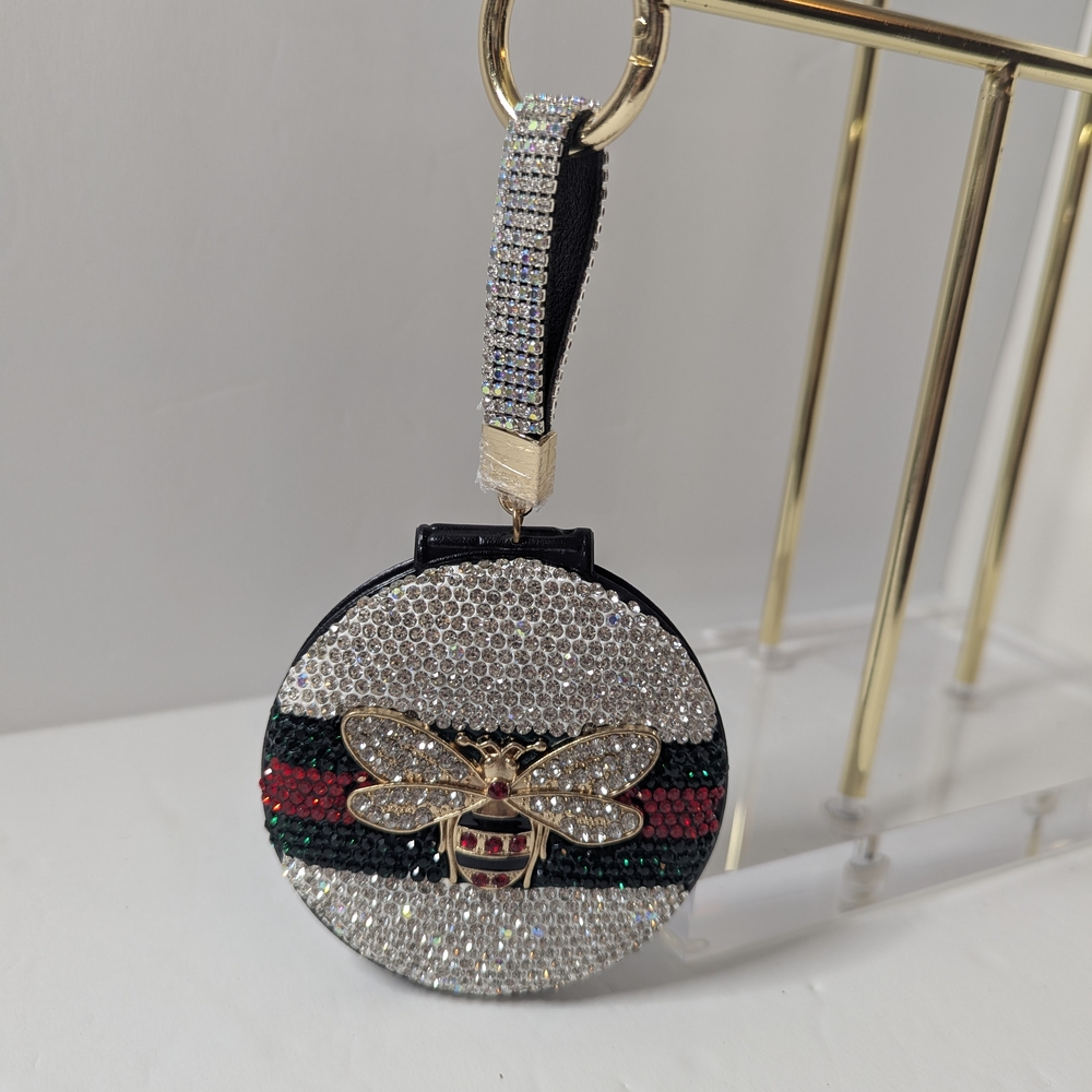 Crystal Embellished Round Mirror Bag Charm with Bee Design
